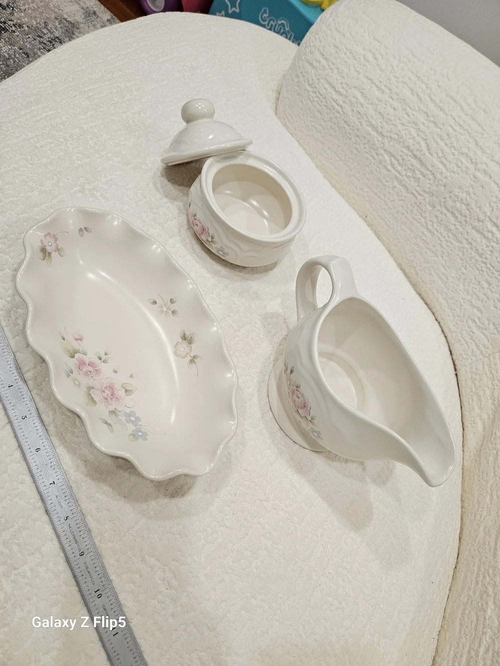 White Floral Ceramic Gravy Boat, Sugar Bowl & Serving Dish Set